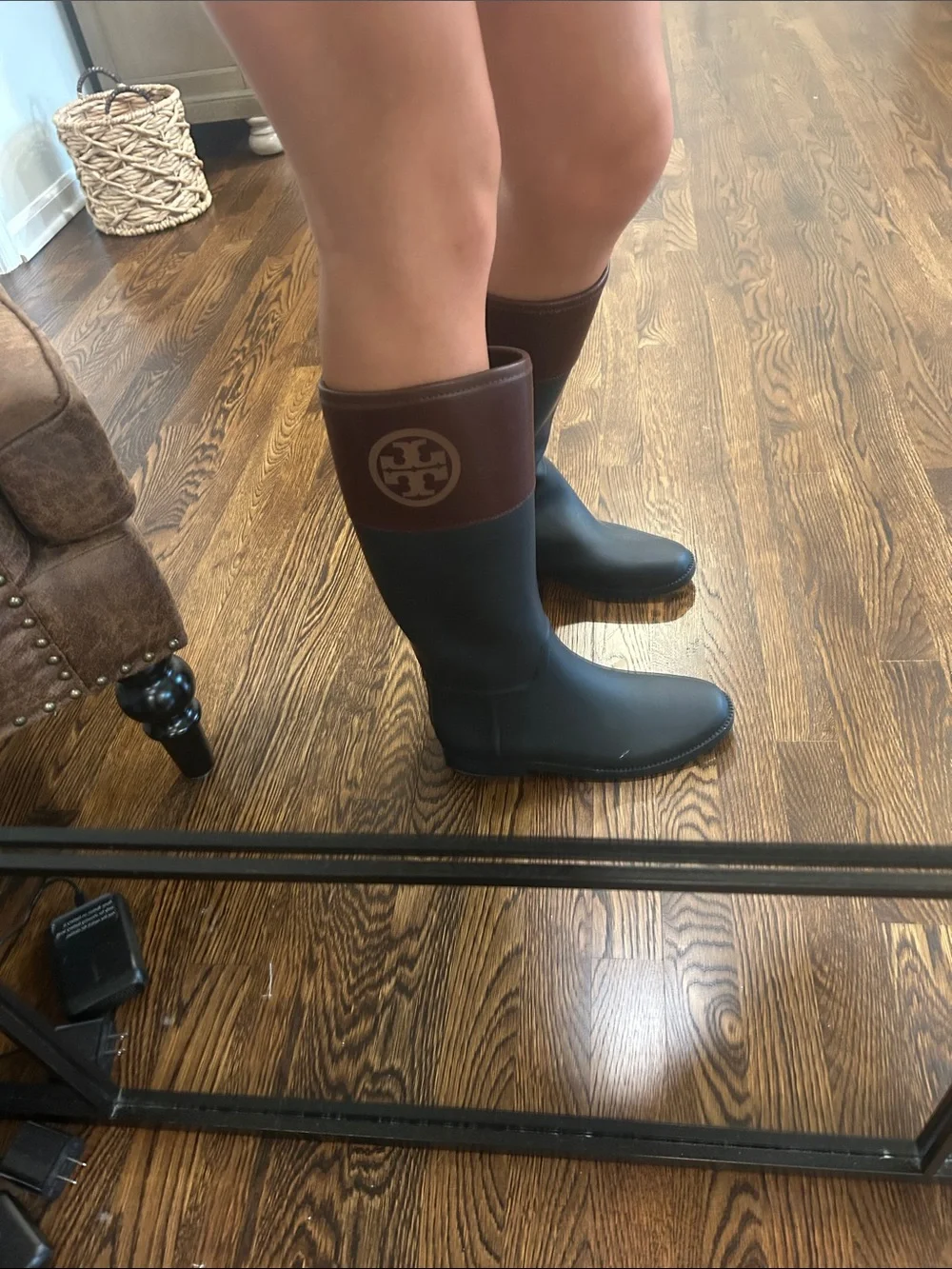 Tory Burch Brown and Black Knee Rain Boots with Logo Emblem